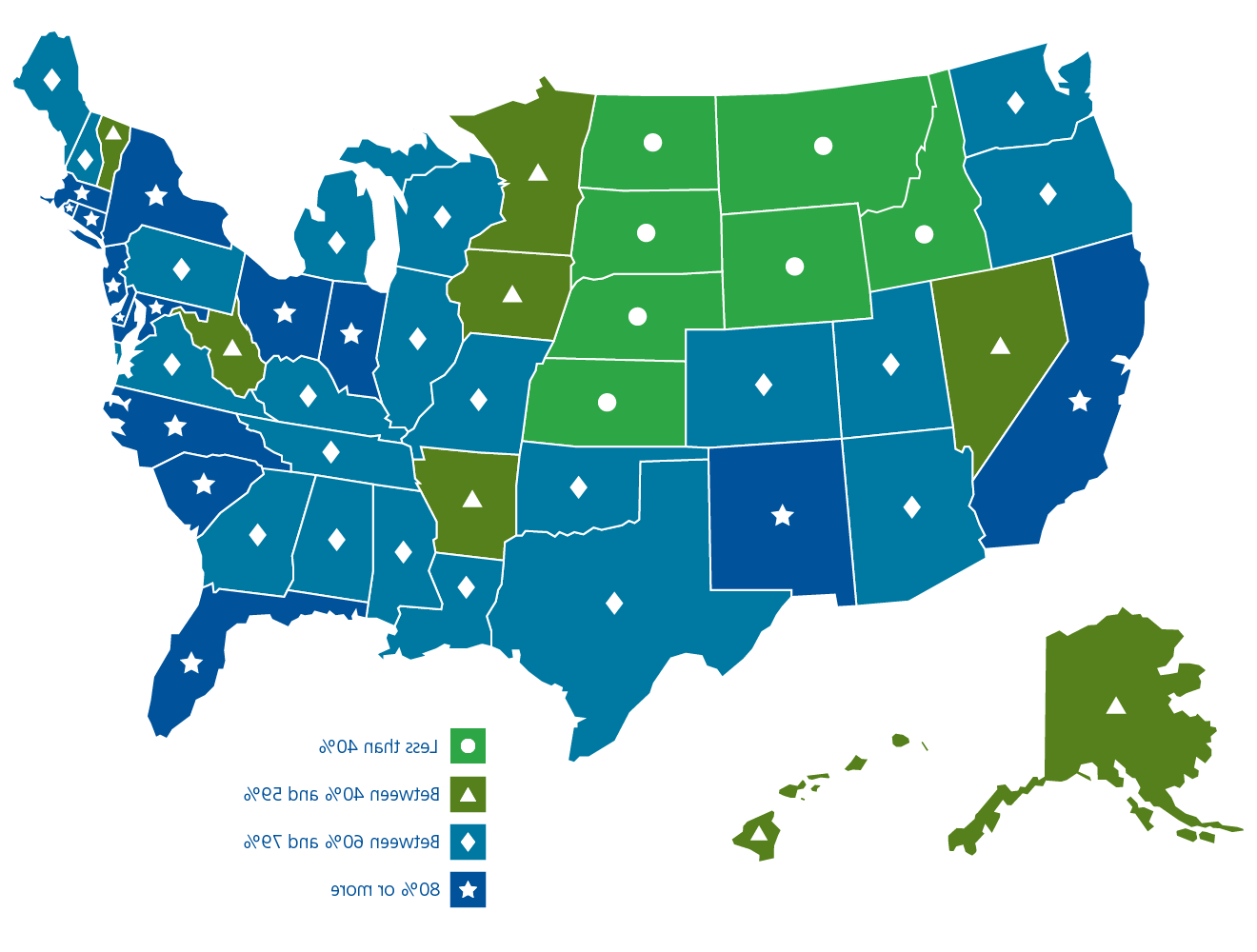 这是一张美国大陆的地图.S., 夏威夷, 以及阿拉斯加，显示了一个州内指定为分娩友好型医院的比例. 请参阅每个图像下方的链接获取图像说明.