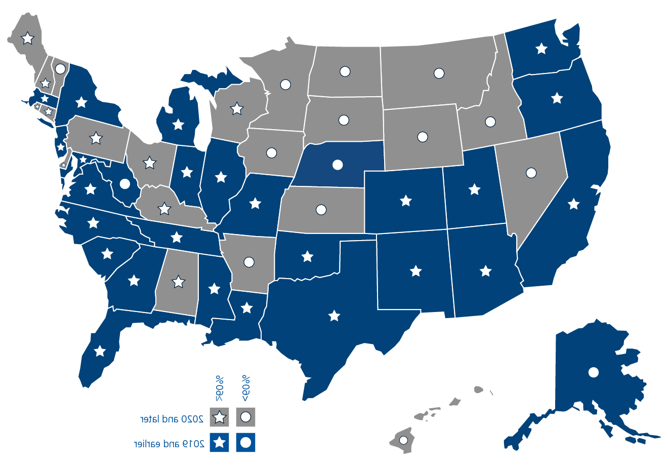 这是一张美国大陆的地图.S., 夏威夷, 以及阿拉斯加，显示了指定为分娩友好的州的医院比例与该州是否参与全国孕产妇保健倡议之间的关系. 请参阅图片下方的链接获取图片说明.